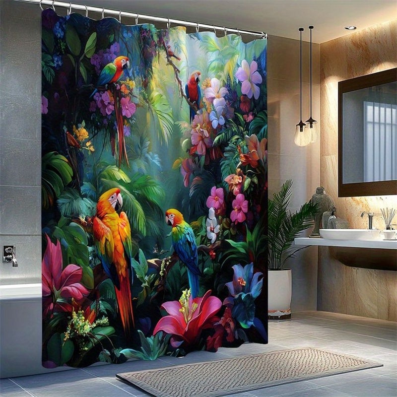 1PC Tropical Rainforest Shower Curtain With Colorful Macaws And Vibrant Flowers Polychrome 70.87x70.87 Inch Exotic Birds And Blooming Paradise Design Home Bathroom Decor Moving Gift Idea 12 Hooks - Image 2