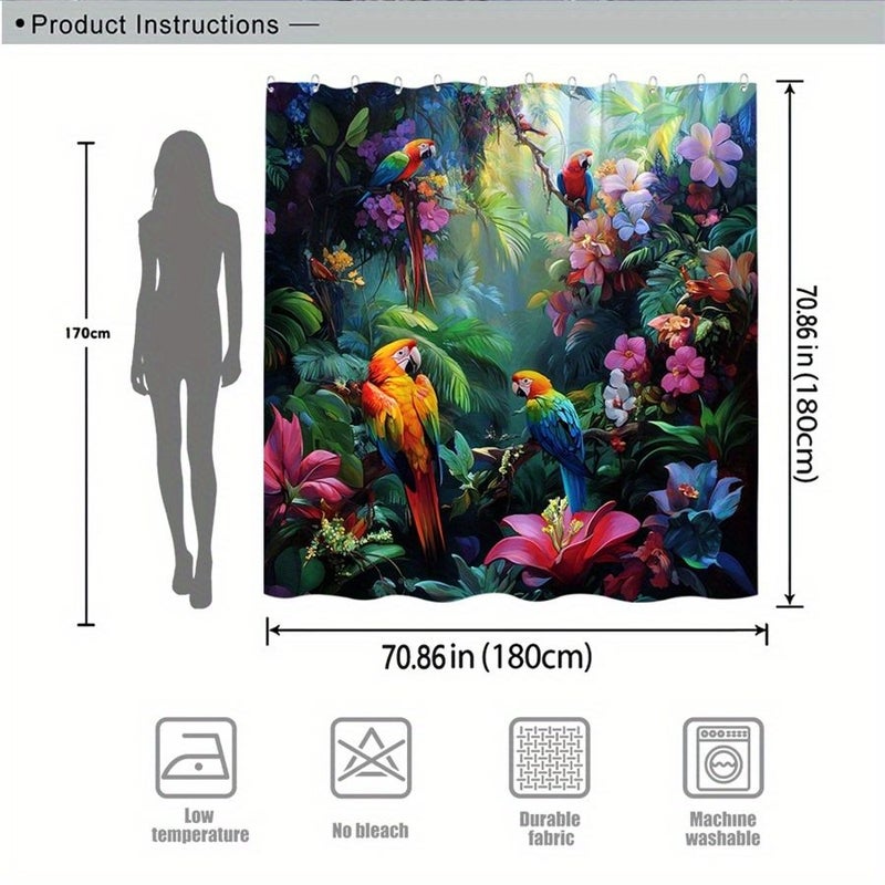 1PC Tropical Rainforest Shower Curtain With Colorful Macaws And Vibrant Flowers Polychrome 70.87x70.87 Inch Exotic Birds And Blooming Paradise Design Home Bathroom Decor Moving Gift Idea 12 Hooks - Image 3