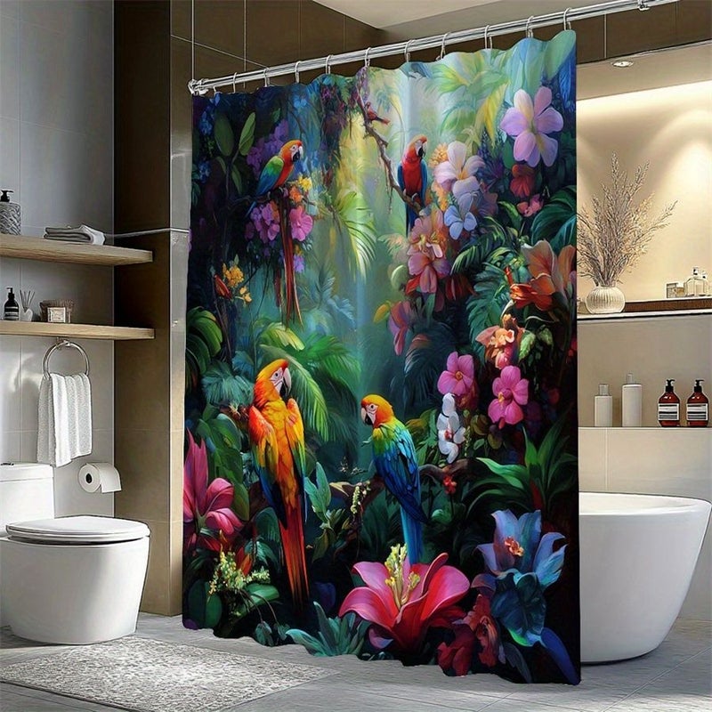 1PC Tropical Rainforest Shower Curtain With Colorful Macaws And Vibrant Flowers Polychrome 70.87x70.87 Inch Exotic Birds And Blooming Paradise Design Home Bathroom Decor Moving Gift Idea 12 Hooks - Image 5
