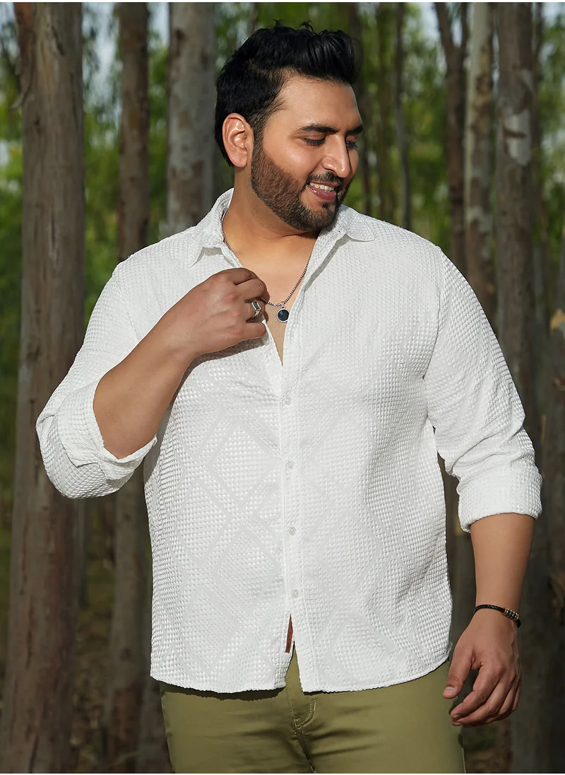 انستافاب بلس Instafab Plus Men's Daisy White Shard-Tactile Shirt For Casual Wear | Spread Collar | Long Cuffed Sleeves | Button Closure | Plus Size Shirt Crafted With Comfort Fit For Everyday Wear