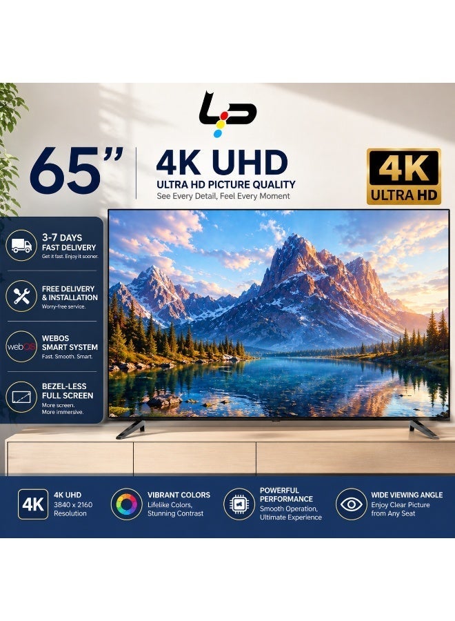 LP 65 Inch 4K UHD Smart TV Arabic Language Menu WebOS Rimless Design Dolby Audio LED Television 3HDMI USB Home Cinema Entertainment - Image 2