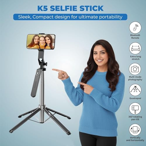 Kratos K5 Selfie Stick Tripod with Balance Handle, 64 inch & Stable 4 Leg Design,Recharable BT Remote, Long Tripod Stand for 360° Rotation Panoramic Shoot, Made for Phones,Ring Light, Gopro,Camera - Image 2
