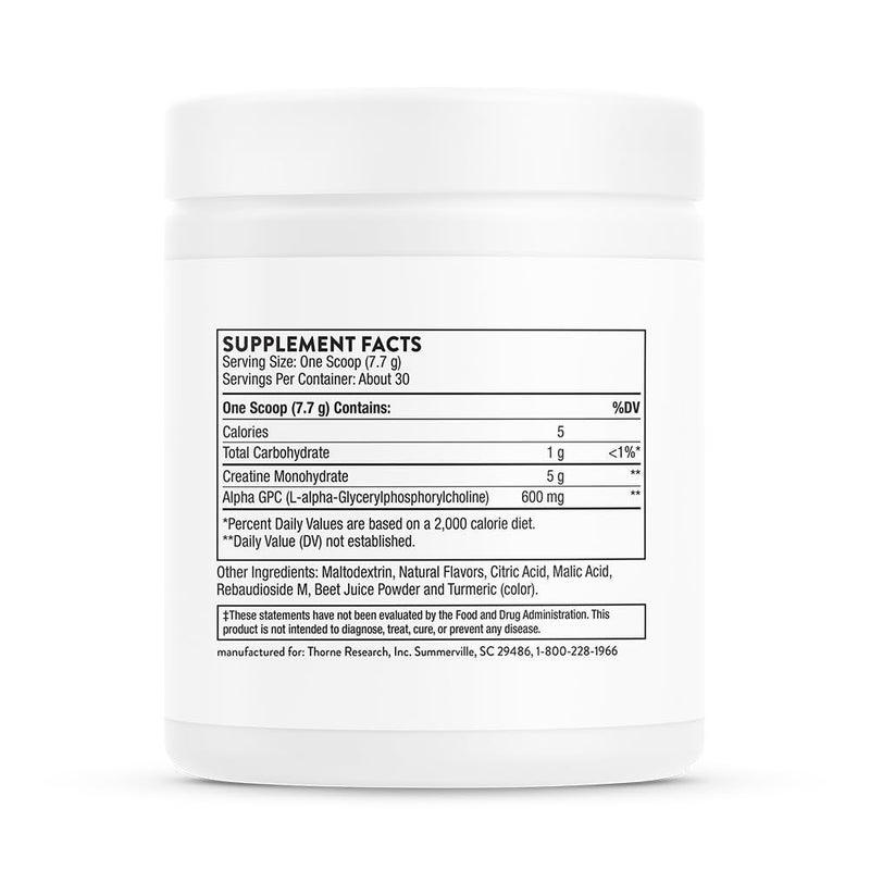 Thorne Creatine + Alpha GPC Watermelon Lemonade Flavored with other natural flavors DIETARY SUPPLEMENT NET WT 8.1 OZ (231 G) - Image 2