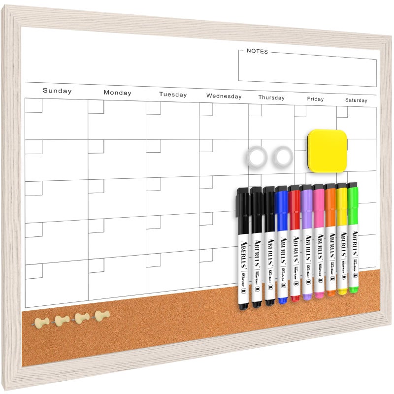 Monthly Whiteboard Calendar Corkboard for Wall Magnetic 17x13 Dry Erase Board with White Wood Framed 2in1 White Board Cork Board Combo Calendar Bulletin Board for Kitchen Planner Memo Office