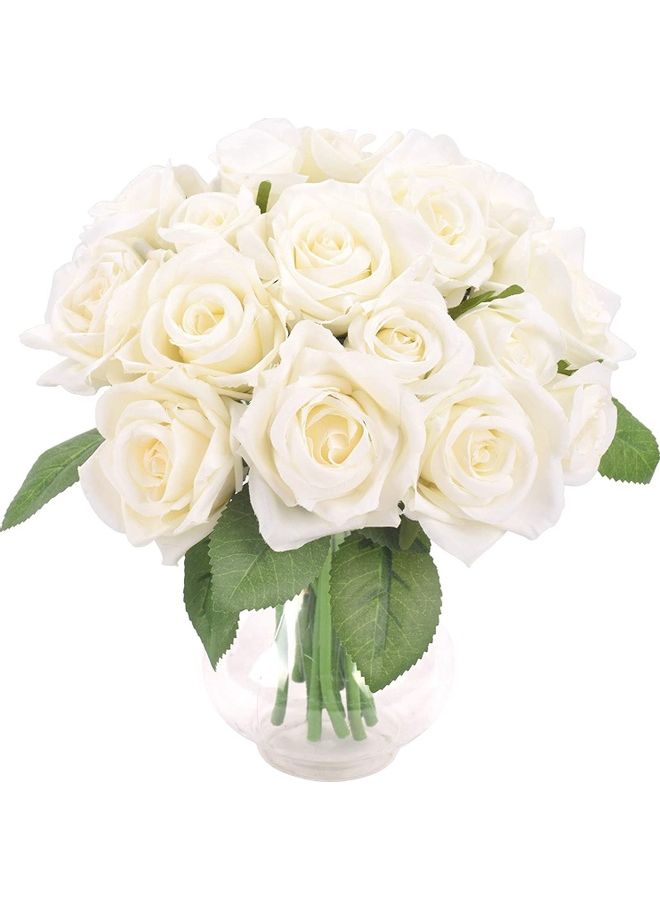 NIBEMINENT 18-Head Artificial Roses Flower Fake 2 Bouquets White/Green - Image 1