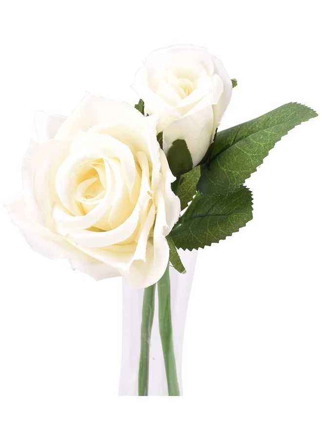NIBEMINENT 18-Head Artificial Roses Flower Fake 2 Bouquets White/Green - Image 3