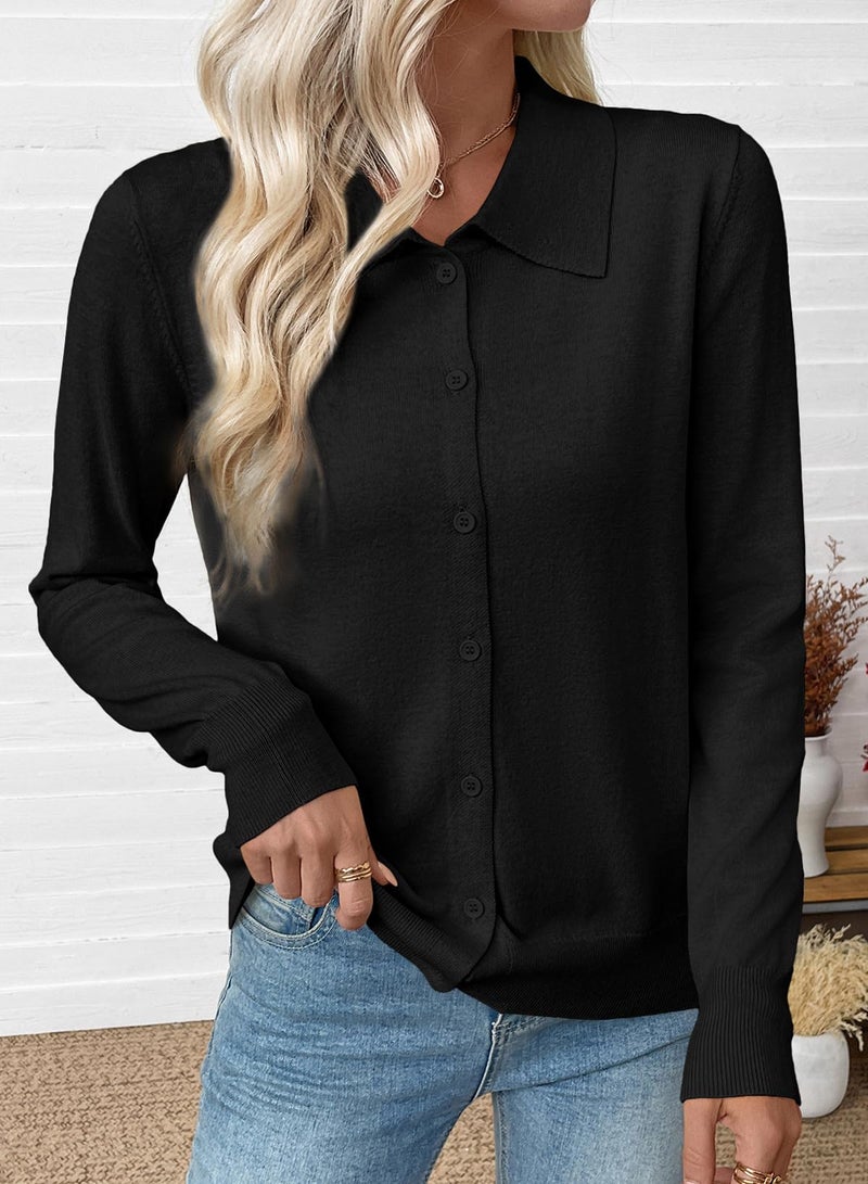 EVALESS Cardigan Sweaters for Women Lightweight Trendy Long Sleeve Lapel Collar Button Down Sweaters Spring Fashion 2026 Wool Blend Knit Cardigans Sweater Tops Spring Outfits Black Small - Image 3