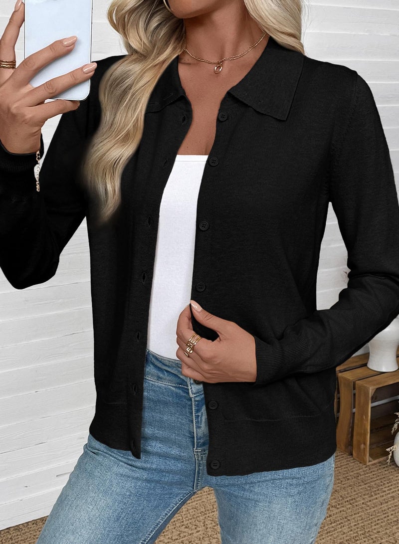 EVALESS Cardigan Sweaters for Women Lightweight Trendy Long Sleeve Lapel Collar Button Down Sweaters Spring Fashion 2026 Wool Blend Knit Cardigans Sweater Tops Spring Outfits Black Small - Image 2