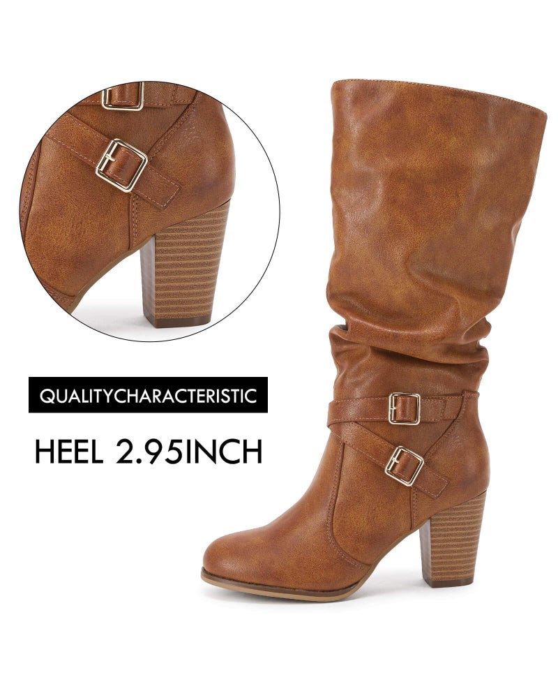Ermonn Womens Mid Knee High Boots Chunky Heel Slouchy Metal Buckle Side Zipper Fashion Winter Shoes - Image 5