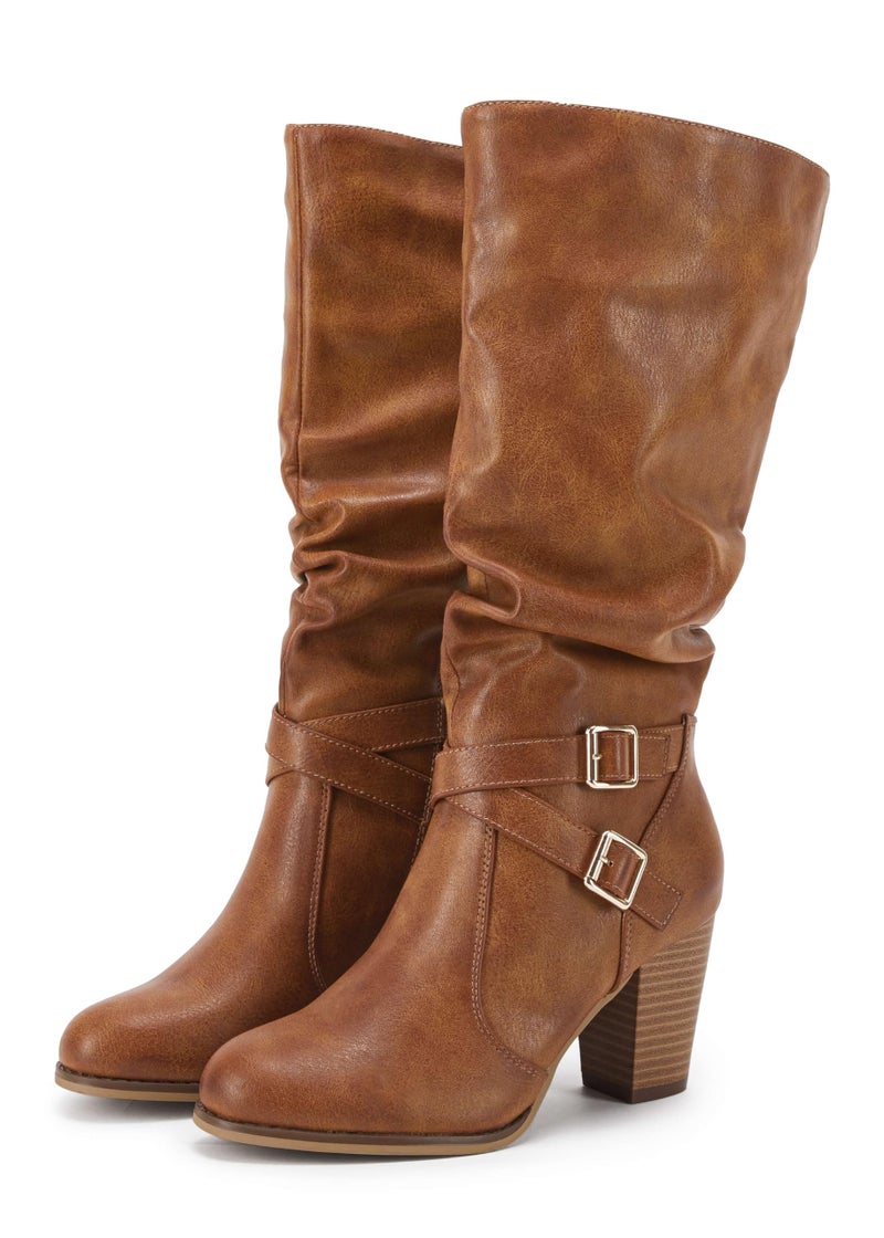 Ermonn Womens Mid Knee High Boots Chunky Heel Slouchy Metal Buckle Side Zipper Fashion Winter Shoes - Image 1