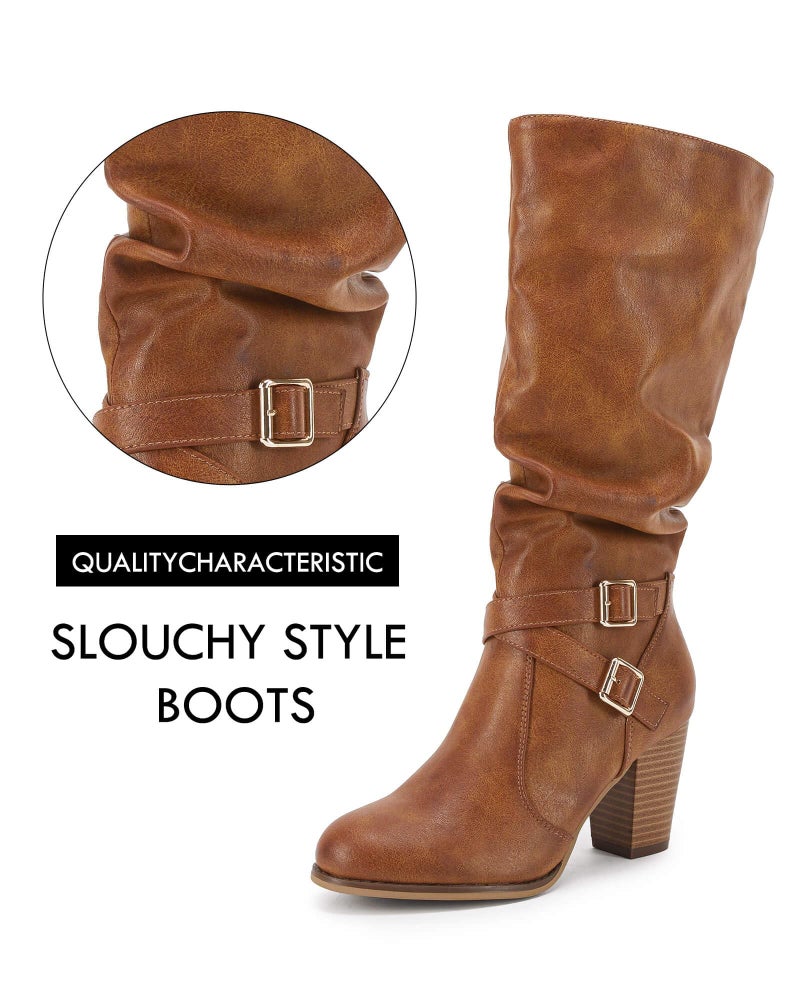 Ermonn Womens Mid Knee High Boots Chunky Heel Slouchy Metal Buckle Side Zipper Fashion Winter Shoes - Image 4