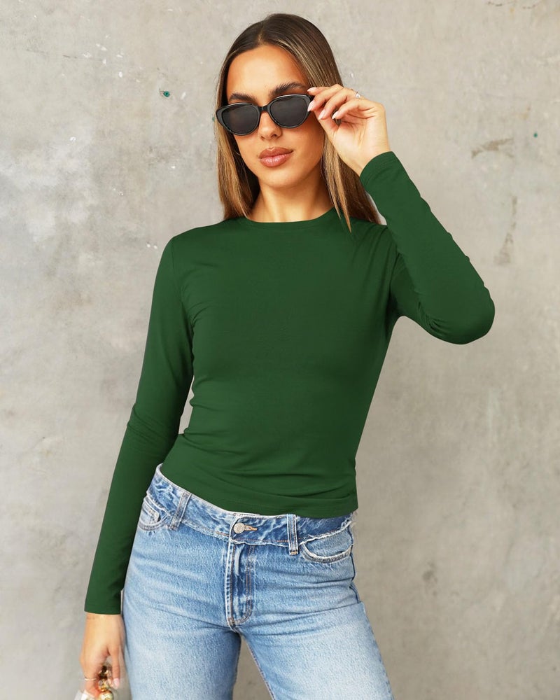Abardsion Women's Long Sleeve Shirts Spring 2026 Casual Basic Going Out Crop Tops Slim Fit Tight Y2K Clothes(Dark Green, S) - Image 2