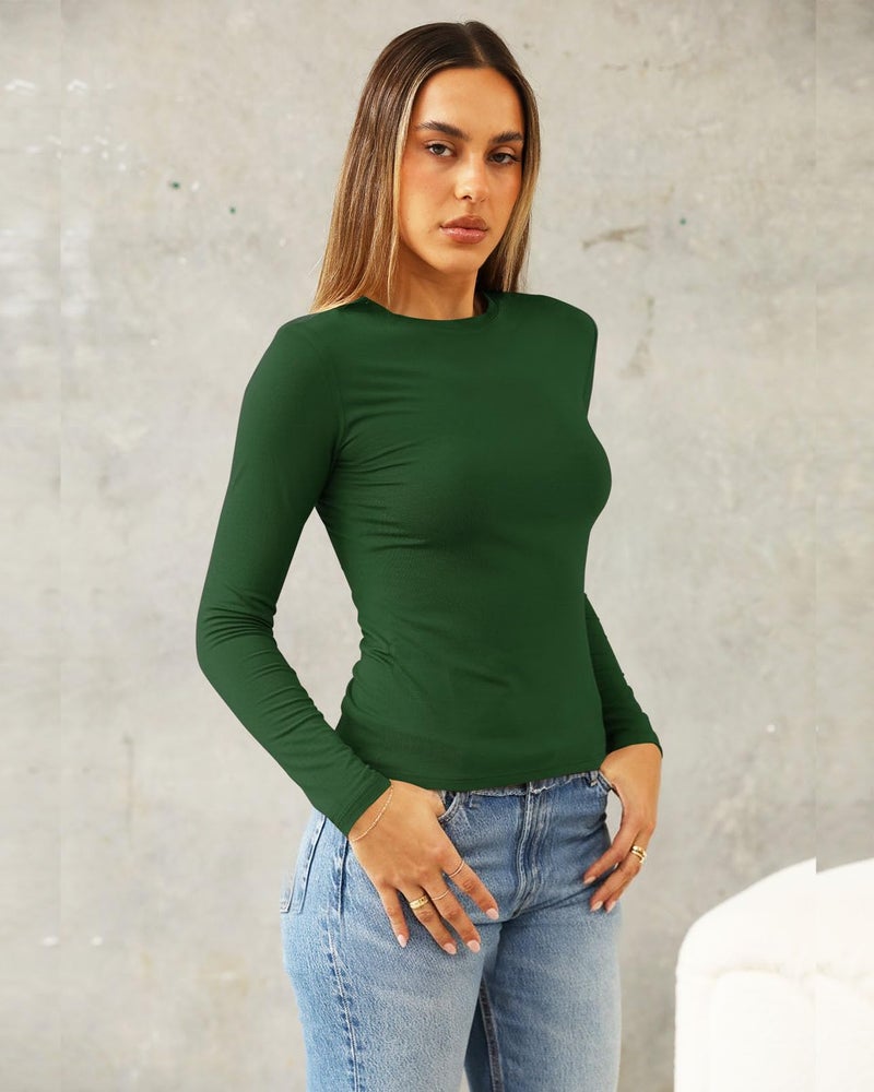 Abardsion Women's Long Sleeve Shirts Spring 2026 Casual Basic Going Out Crop Tops Slim Fit Tight Y2K Clothes(Dark Green, S) - Image 3
