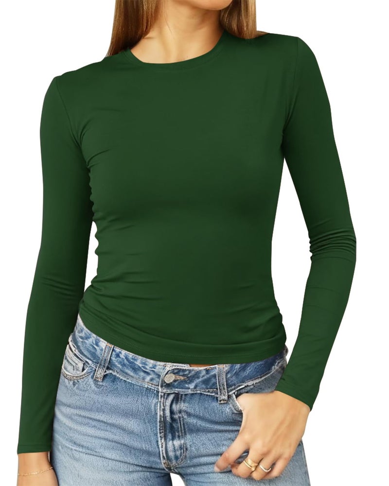 Abardsion Women's Long Sleeve Shirts Spring 2026 Casual Basic Going Out Crop Tops Slim Fit Tight Y2K Clothes(Dark Green, S) - Image 1