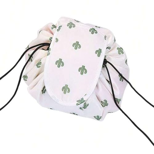 Crownish Women's Convenient and Waterproof Multifunction Portable Lazy Travel Cosmetic Storage Makeup Organizer Toiletry Bag with Drawstrings (White Cactus Lazy Bag) - Image 2