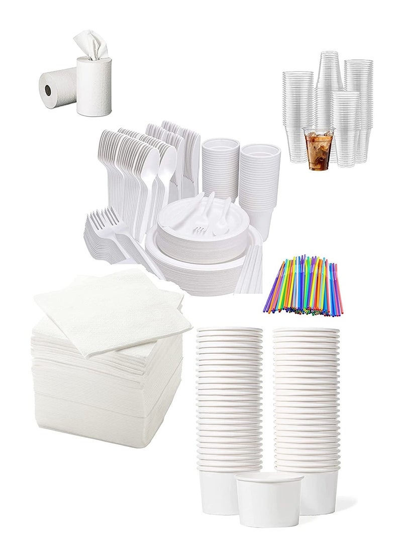 مجموعة حفلات شاملة لـ 100 شخص، مناديل يمكن التخلص منها، وأكواب عصير، وأكواب آيس كريم، وأطباق رغوية، وأكواب رغوية، وملعقة وشوكة، ولفائف ماكسي تكفي 1000 قطعة - Image 2