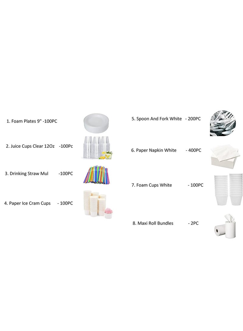 مجموعة حفلات شاملة لـ 100 شخص، مناديل يمكن التخلص منها، وأكواب عصير، وأكواب آيس كريم، وأطباق رغوية، وأكواب رغوية، وملعقة وشوكة، ولفائف ماكسي تكفي 1000 قطعة - Image 3