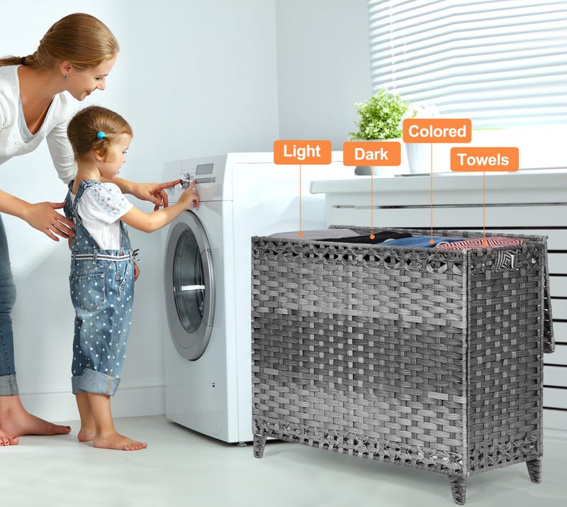 Hermina Laundry Hamper with 4 Removable Liner Bags; 176L Handwoven Rattan Laundry Basket with Lid & Heightened Feet; Clothes Hamper with Side Handles(Gray) - Image 2
