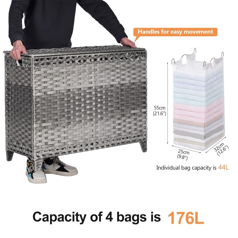 Hermina Laundry Hamper with 4 Removable Liner Bags; 176L Handwoven Rattan Laundry Basket with Lid & Heightened Feet; Clothes Hamper with Side Handles(Gray) - Image 4