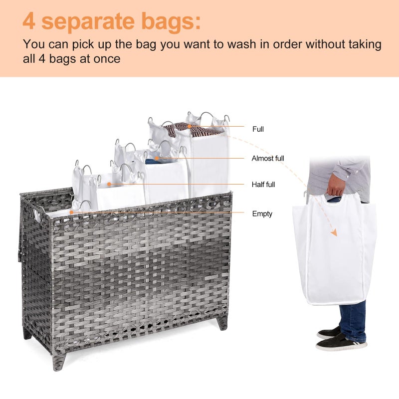 Hermina Laundry Hamper with 4 Removable Liner Bags; 176L Handwoven Rattan Laundry Basket with Lid & Heightened Feet; Clothes Hamper with Side Handles(Gray) - Image 3