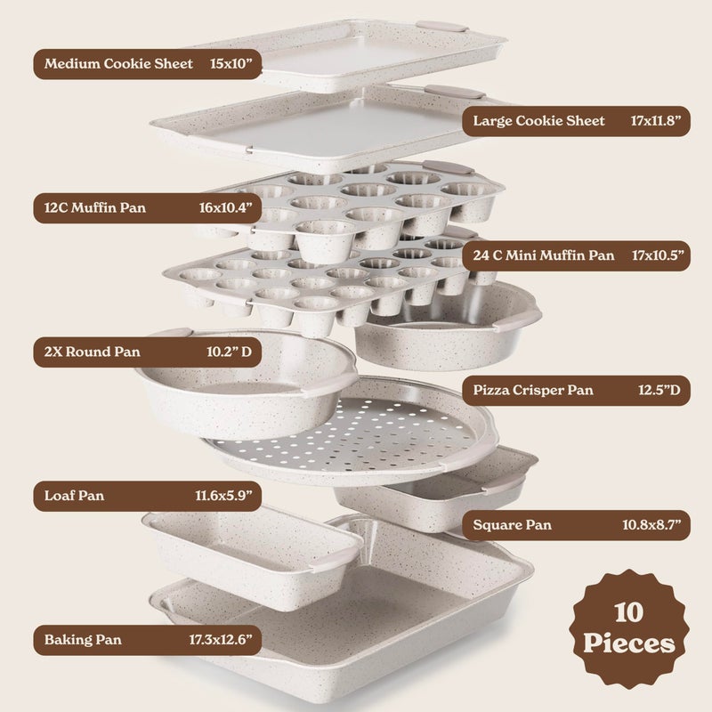 Country Kitchen Nonstick Stackable Bakeware Set - Heavy Duty, Durable, Easy Release Baking Set, Cream, 10 Pcs - Image 2