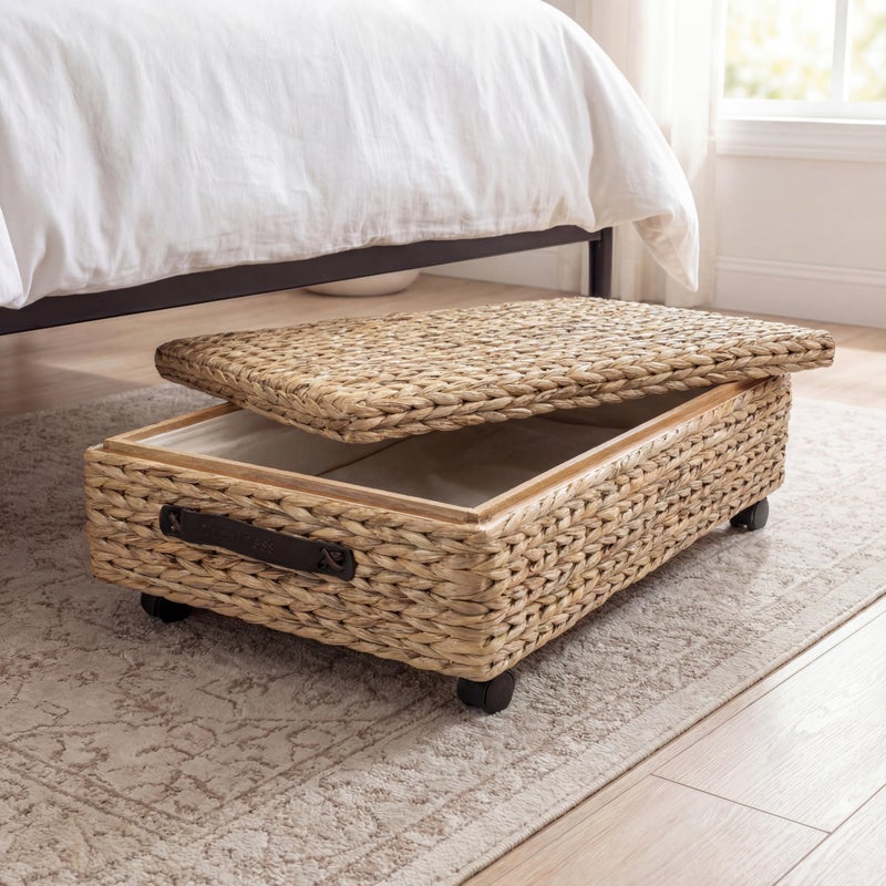 happimess BSK1006A 26.38" Chett Minimalist Hand-Woven Hyacinth/Wood Underbed Storage Bin with Wheels and Handles for Storage and Decoration in Bathroom, Bedroom, Closet, Entryway, Guest Room, Natural - Image 2