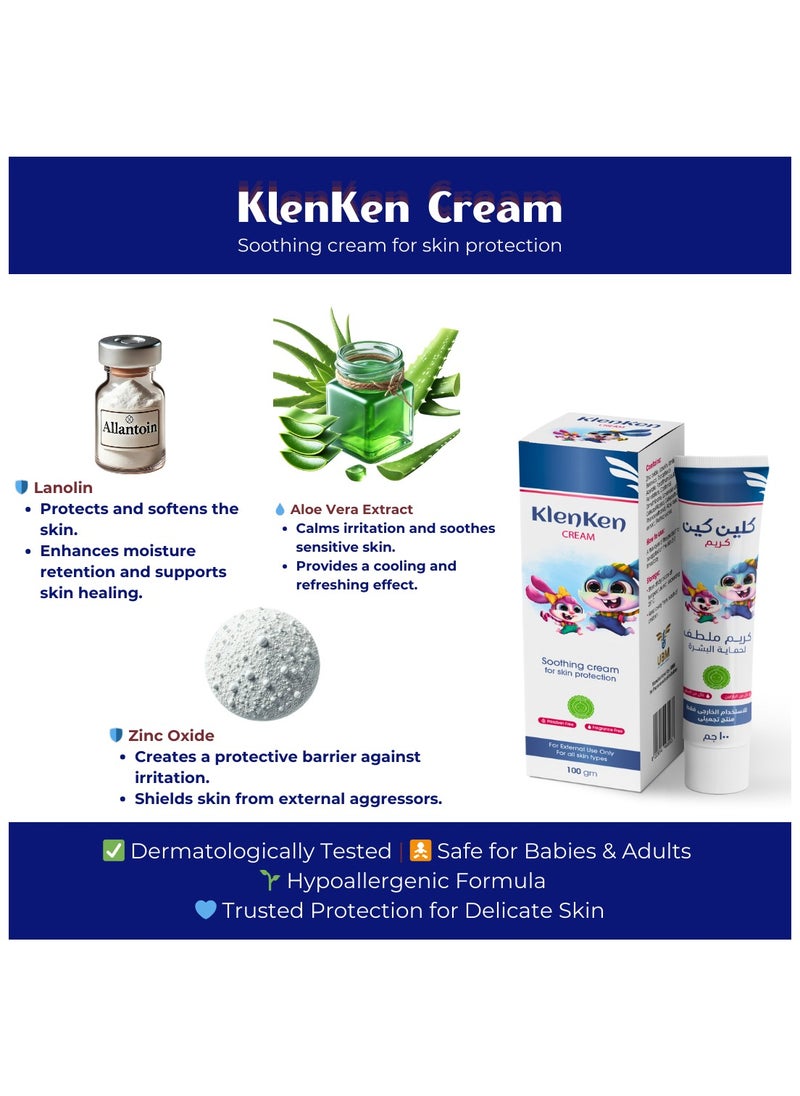 Klenken Cream (Babies & Adults)   - Sensitive Skin Moisturizer- For Rash, Eczema, Sun Protection - 100 gm