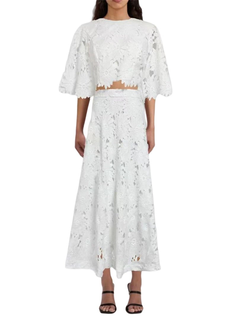 NIFTRIRY Two Piece Sets for Women Dressy Solid Color Embroidered Short Sleeve Crop Top and Maxi Skirt Suit Summer outfits