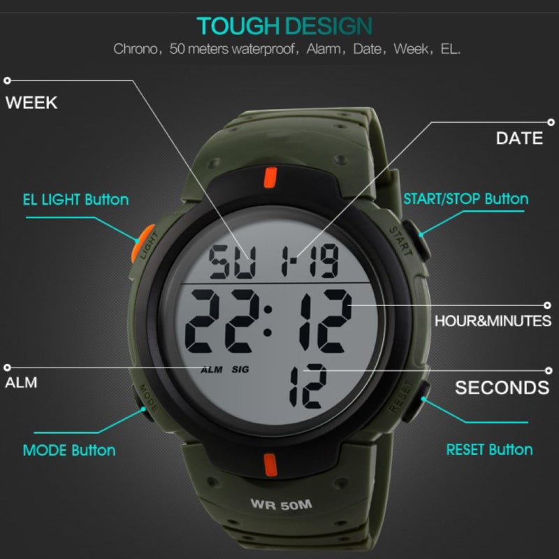 CakCity CakCity Mens Digital Sports Watch LED Screen Large Face Military Watches for Men Waterproof Stopwatch Alarm Simple Army Watch  - Image 3
