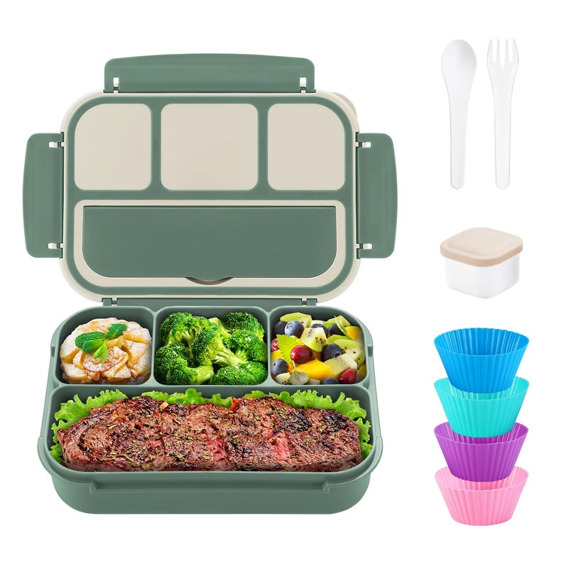 QQKO Bento Box Adult Lunch Box, Bento Box for Kids, 1200 ML Lunch Containers for Adults, Food Storage Container With 4 Compartments, Leak-Proof, Microwave, Dishwasher Safe, Green - Image 1