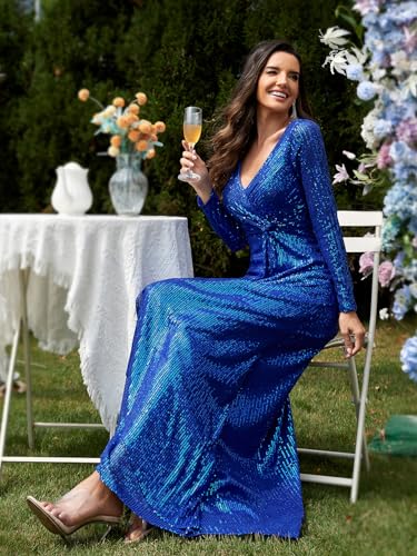 XUIBOL Glitter Sequin Formal Evening Gown Long Sleeve V Neck Wedding Guest Dress for Women Royal Blue S - Image 3