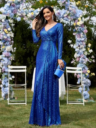XUIBOL Glitter Sequin Formal Evening Gown Long Sleeve V Neck Wedding Guest Dress for Women Royal Blue S - Image 5