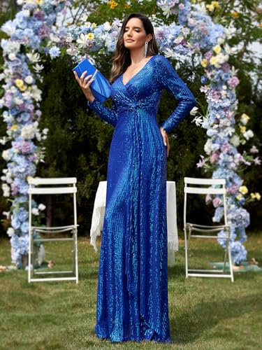 XUIBOL Glitter Sequin Formal Evening Gown Long Sleeve V Neck Wedding Guest Dress for Women Royal Blue S - Image 4