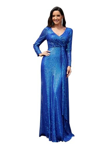 XUIBOL Glitter Sequin Formal Evening Gown Long Sleeve V Neck Wedding Guest Dress for Women Royal Blue S - Image 1
