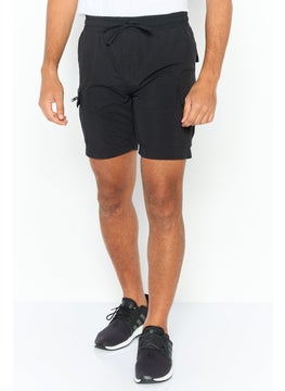 Men Drawstring Plain Cargo Short, Black