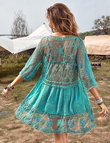 Eomenie Women's Contrast Lace Bathing Suit Cover Up V-Neck Swimsuit Coverups Loose Swimwear Beach Dress Beachwear Light Blue - Image 2