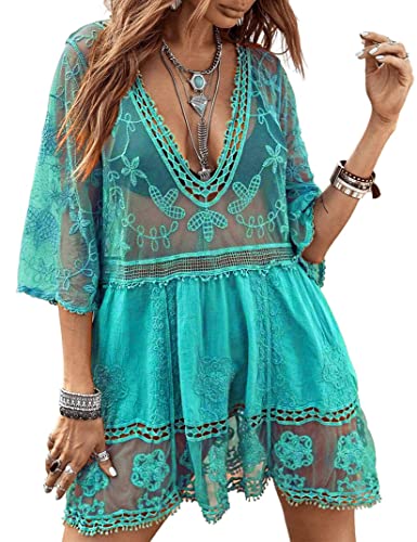 Eomenie Women's Contrast Lace Bathing Suit Cover Up V-Neck Swimsuit Coverups Loose Swimwear Beach Dress Beachwear Light Blue - Image 1