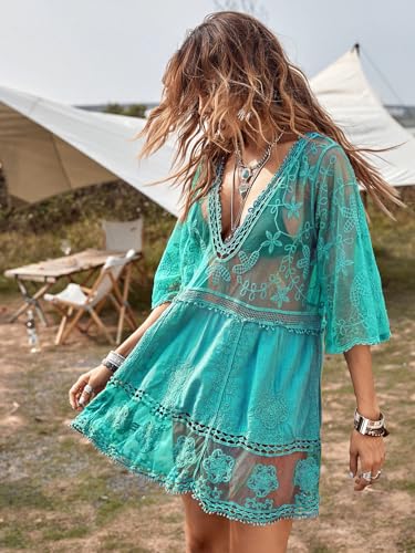 Eomenie Women's Contrast Lace Bathing Suit Cover Up V-Neck Swimsuit Coverups Loose Swimwear Beach Dress Beachwear Light Blue - Image 3