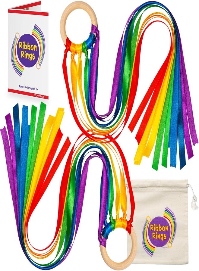 Covelico Rainbow Hand Ribbon Kite, 2 x Montessori Inspired Ribbon Toy, Each Wooden Rings with 7 Bright Rainbow Streamers, Waldorf Sensory String Toys for Kids & Gymnastics Dance Ribbons for Toddlers - Image 1