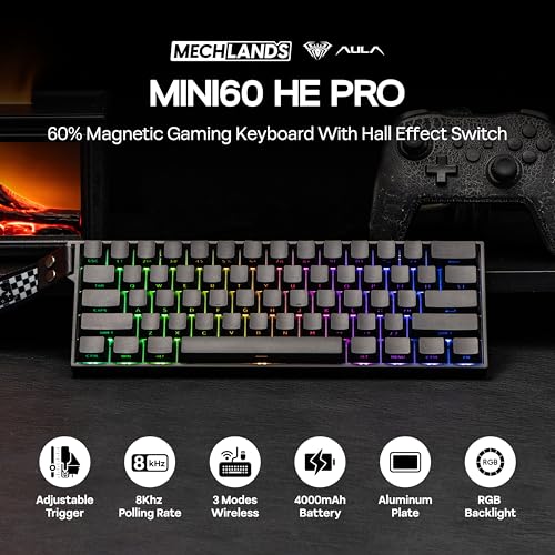 MechLands Aula Mini60 HE PRO Wireless Hall Effect Gaming Keyboard 4000mAh SOCD DKS Magnetic Keyboard with Fast Trigger Adjustable Actuation 8K Polling RGB Backlit Sound Dampening Black - Image 3