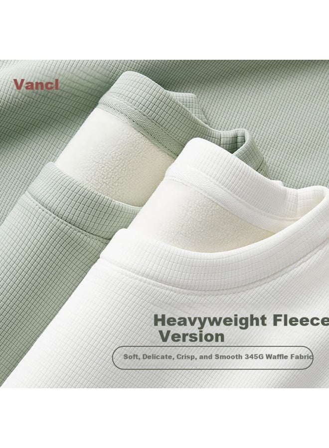 Vancl Waffle Texture Crew Neck Long Sleeve T-shirt Men Winter Fleece Lined Warm Youth Base Layer White L - Image 1