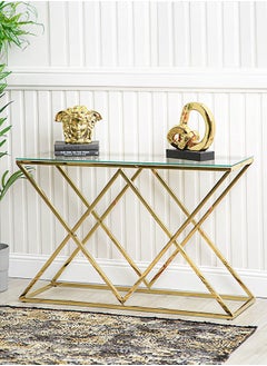 VANITY LIVING VANITY LIVING Console Table Modern Tempered Glass Top, Entryway Table Porto Gold Sturdy Stainless Steel Frame, Narrow Hallway Table for Living Room  - Image 1