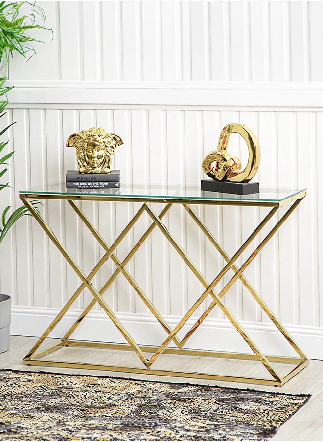 VANITY LIVING VANITY LIVING Console Table Modern Tempered Glass Top, Entryway Table Porto Gold Sturdy Stainless Steel Frame, Narrow Hallway Table for Living Room  - Image 1