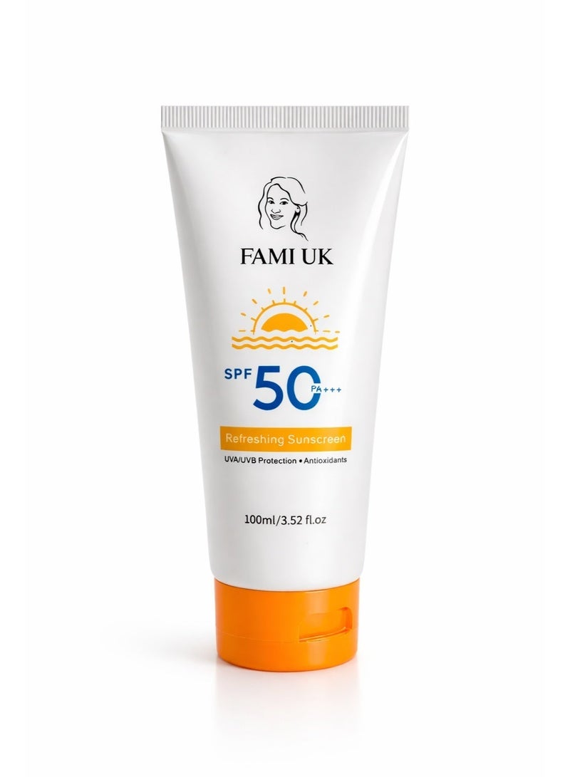 FAMIUK FAMI UK SPF 50+++ Refreshing Sunscreen | Broad Spectrum UVA/UVB Protection | Water & Sweat Resistant | Non-Greasy, No White Cast | For All Skin Types - Image 1