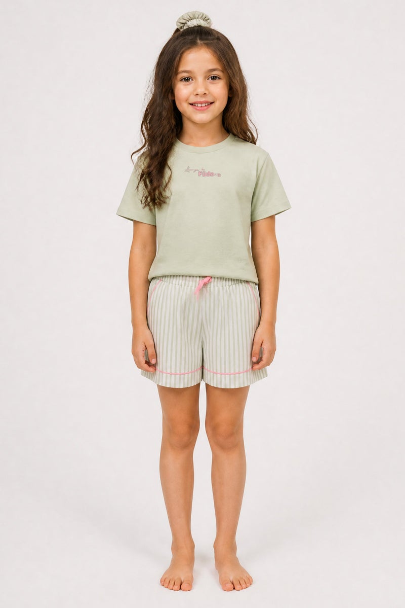 Fudo Launge By Fudo Kids Girl 3 Pieces Embroidered Logo T-Shirt With Shorts And Scrunchie Sleepwear Set, Multicolor - Image 1