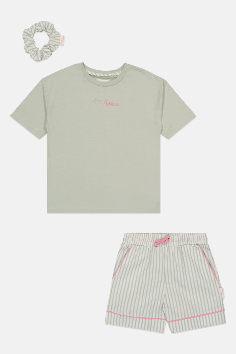 Fudo Launge By Fudo Kids Girl 3 Pieces Embroidered Logo T-Shirt With Shorts And Scrunchie Sleepwear Set, Multicolor - Image 2