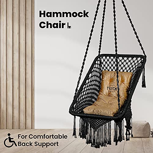 Patiofy Swing for Balcony/Jhula/Swing Chair for Adults for Home for Indoor Outdoor Premium Rectangular Swing Chair with Golden L Cushion & Free Hanging Kit Included- Black - Image 3