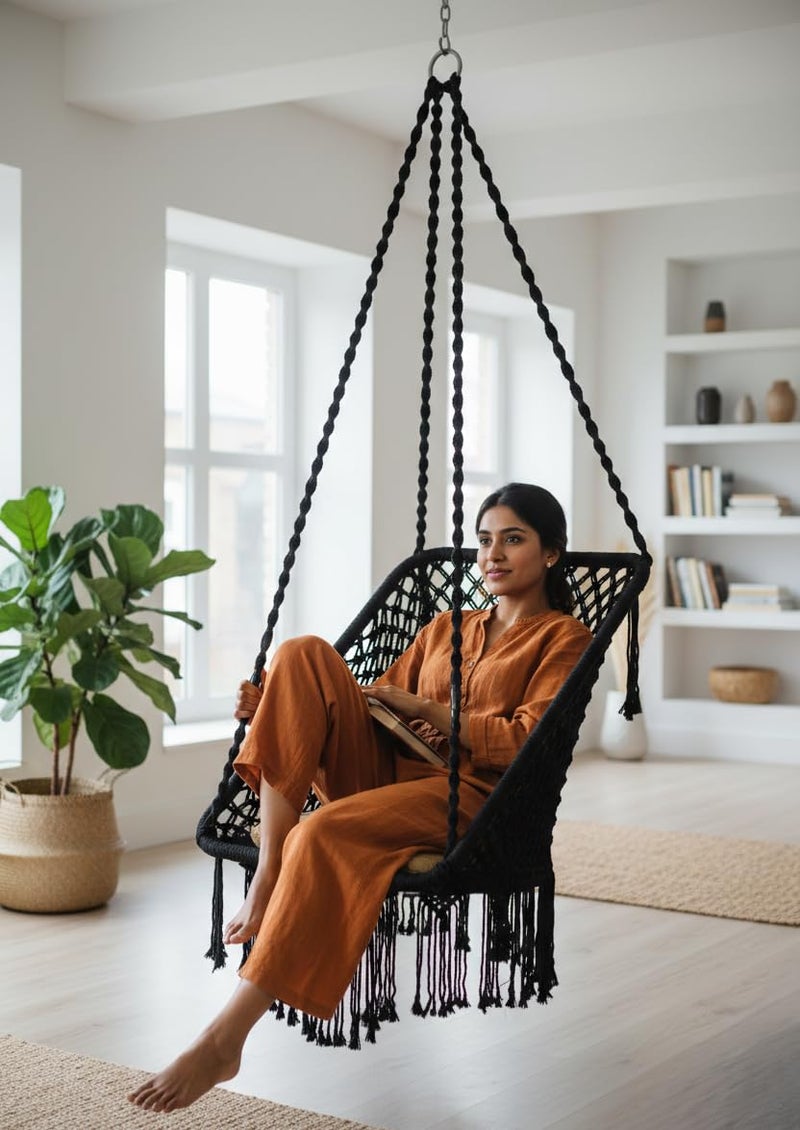 Patiofy Swing for Balcony/Jhula/Swing Chair for Adults for Home for Indoor Outdoor Premium Rectangular Swing Chair with Golden L Cushion & Free Hanging Kit Included- Black - Image 1