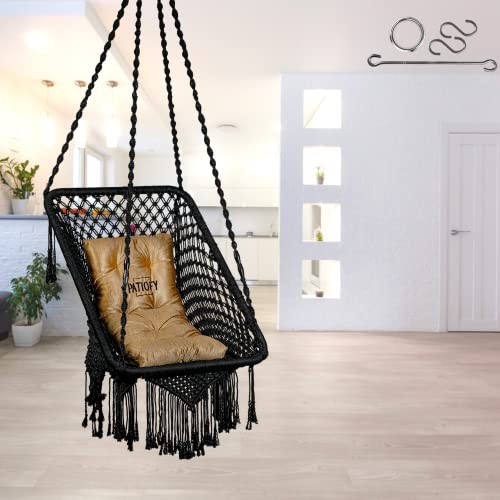 Patiofy Swing for Balcony/Jhula/Swing Chair for Adults for Home for Indoor Outdoor Premium Rectangular Swing Chair with Golden L Cushion & Free Hanging Kit Included- Black - Image 2