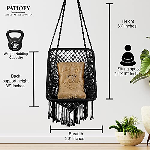 Patiofy Swing for Balcony/Jhula/Swing Chair for Adults for Home for Indoor Outdoor Premium Rectangular Swing Chair with Golden L Cushion & Free Hanging Kit Included- Black - Image 4